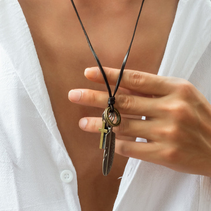 Feather Cross Pendant Leather Necklace - Leather - image 1