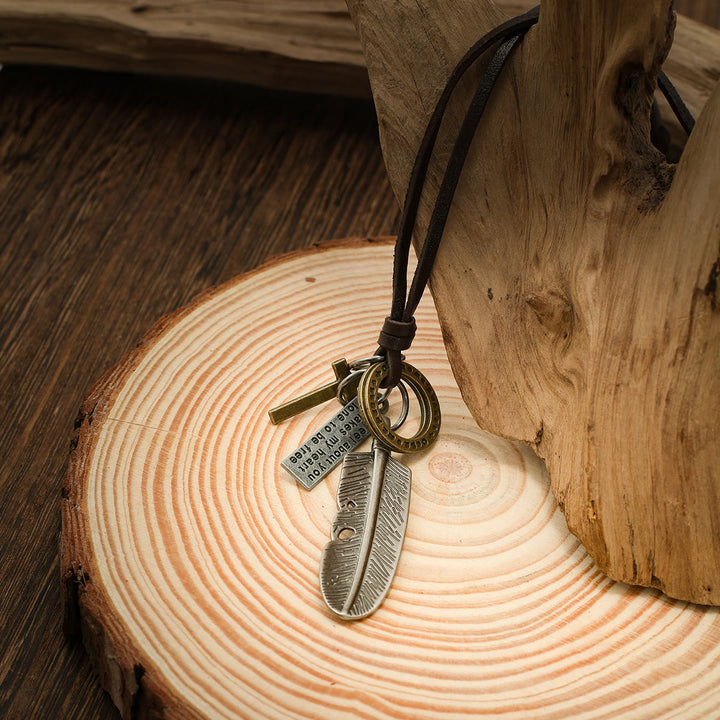 Feather Cross Pendant Leather Necklace - image 2