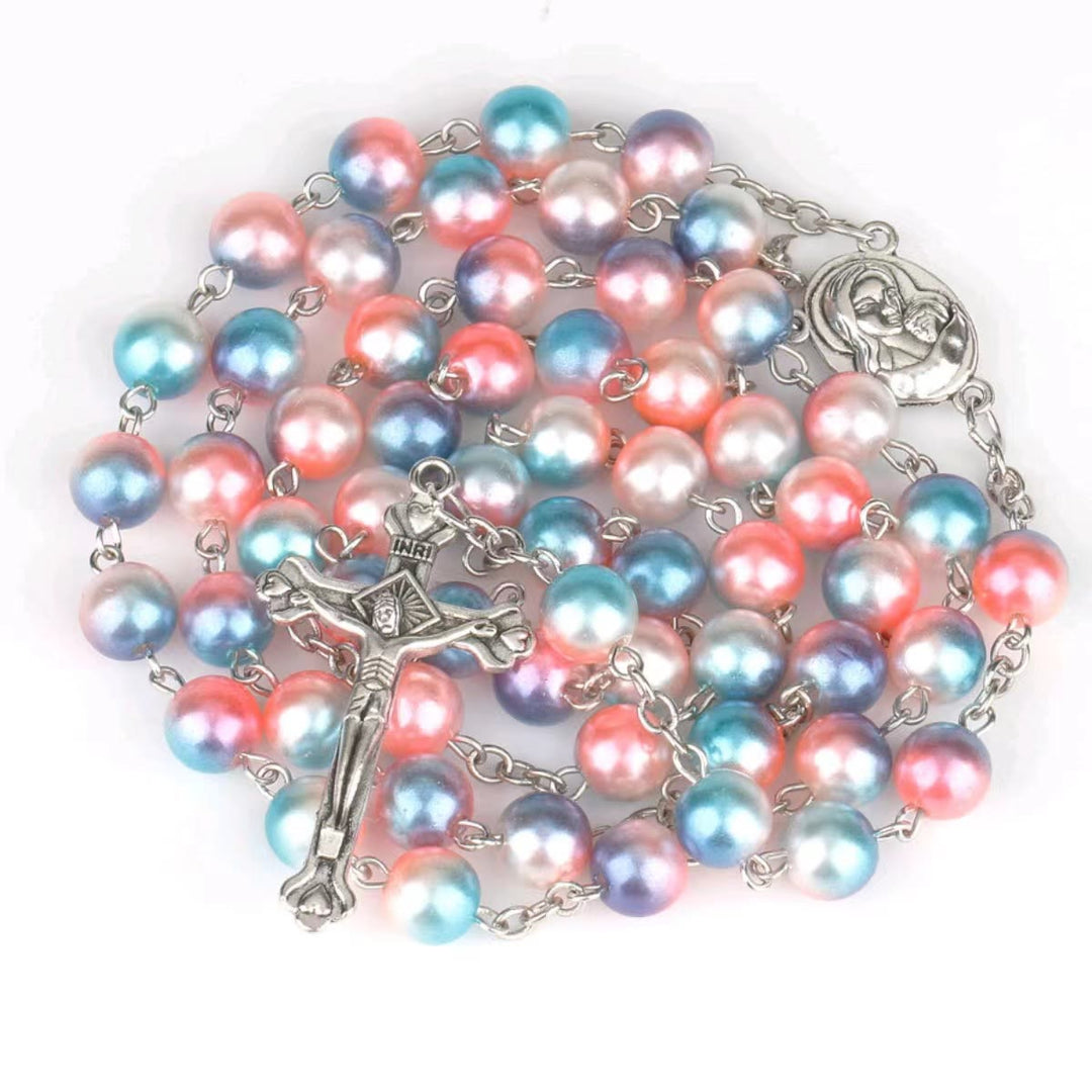 Two-color Pearl Crucifix Rosary - Pink&Blue - image 1