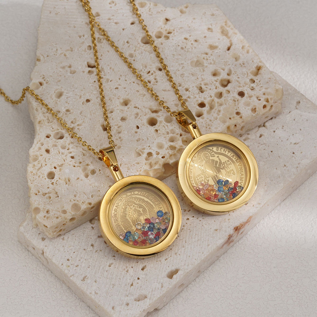 Gold Round Reversible Necklace: Our Lady and St. Benedict - Virgin Mary - Golden - image 1