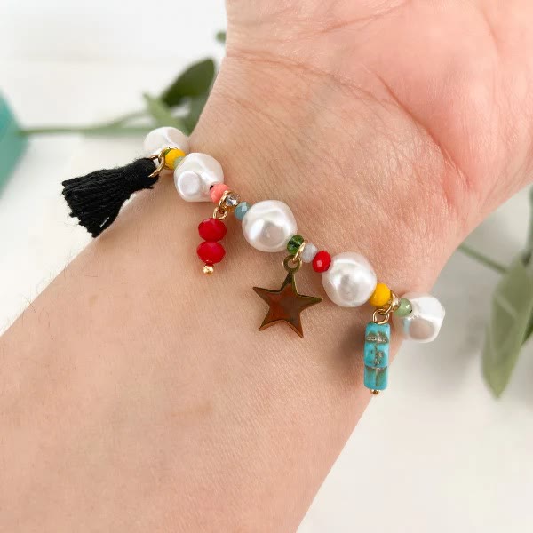 Pearl and Turquoise Cross Embellished Bracelet