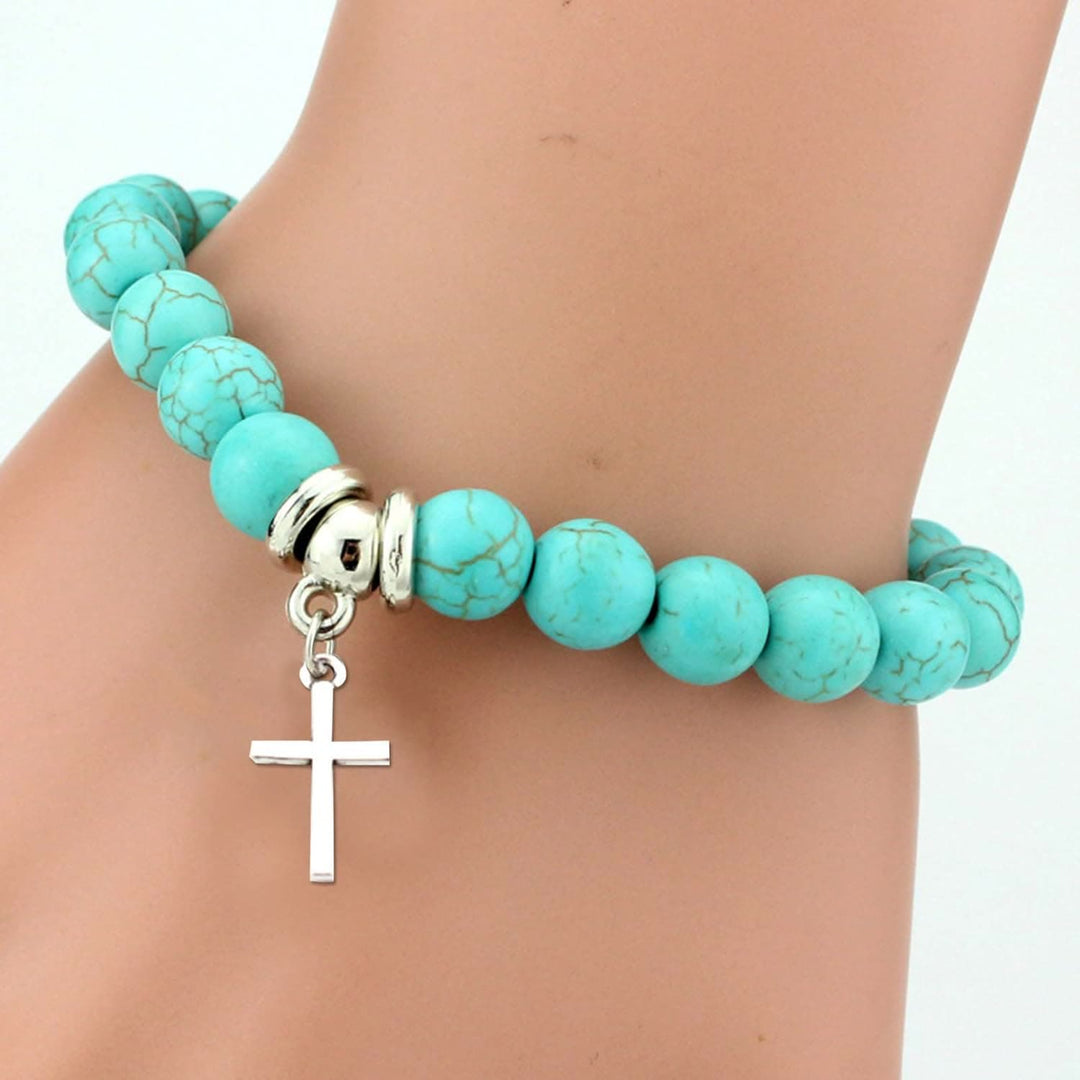 Christ Cross Pendant Turquoise Beaded Bracelet