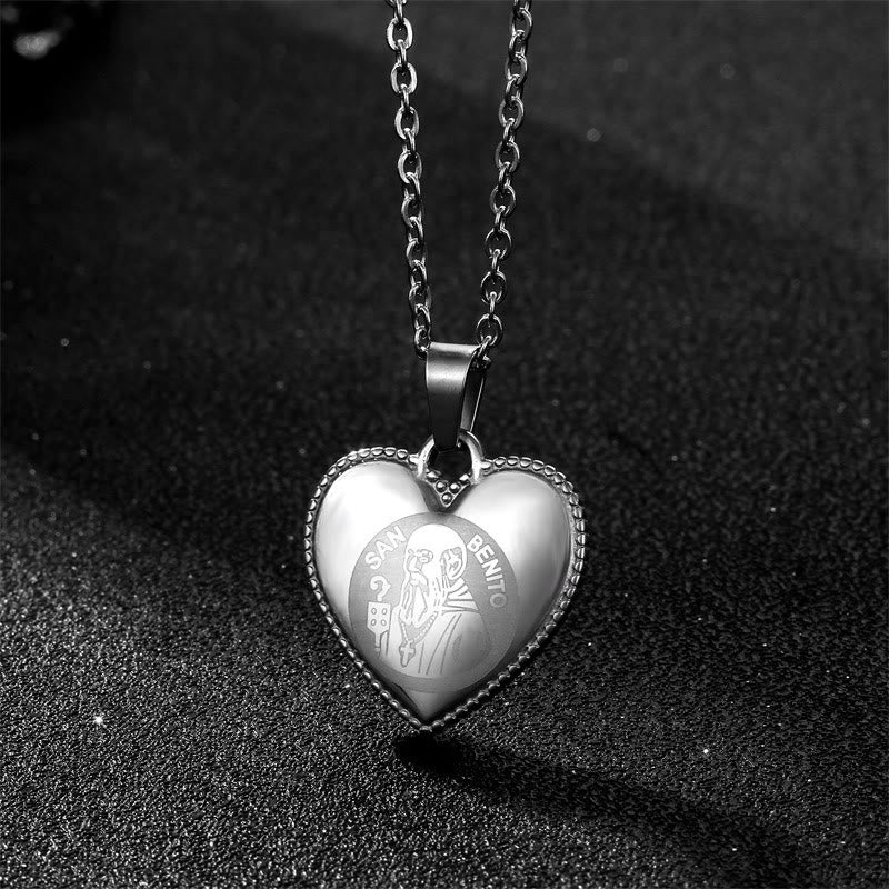 Classic Christian St. Benedict Medal Heart Necklace - Silver - image 3