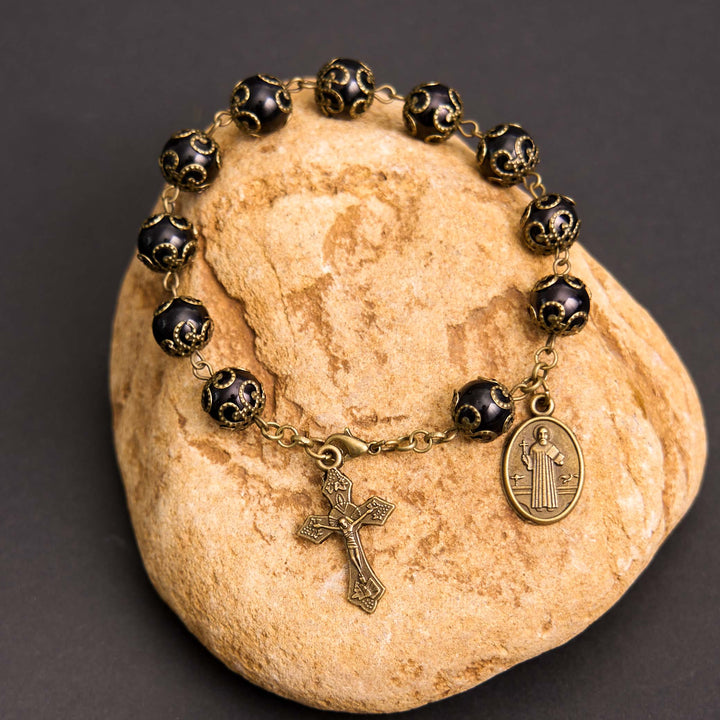 Crafted Retro Black St. Benedict Medal & Crucifix Rosary Bracelet - image 4