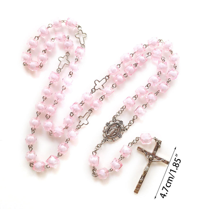 Miraculous Medal & Crucifix of 8 mm Square Pink Acrylic Alloy Chain Rosary - image 3