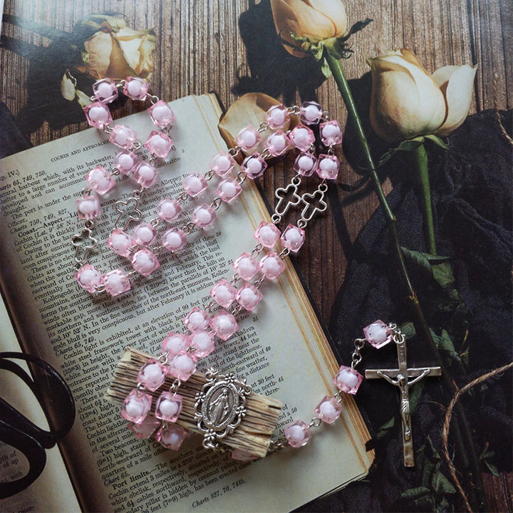 Miraculous Medal & Crucifix of 8 mm Square Pink Acrylic Alloy Chain Rosary - 🔥3 PCS - image 1