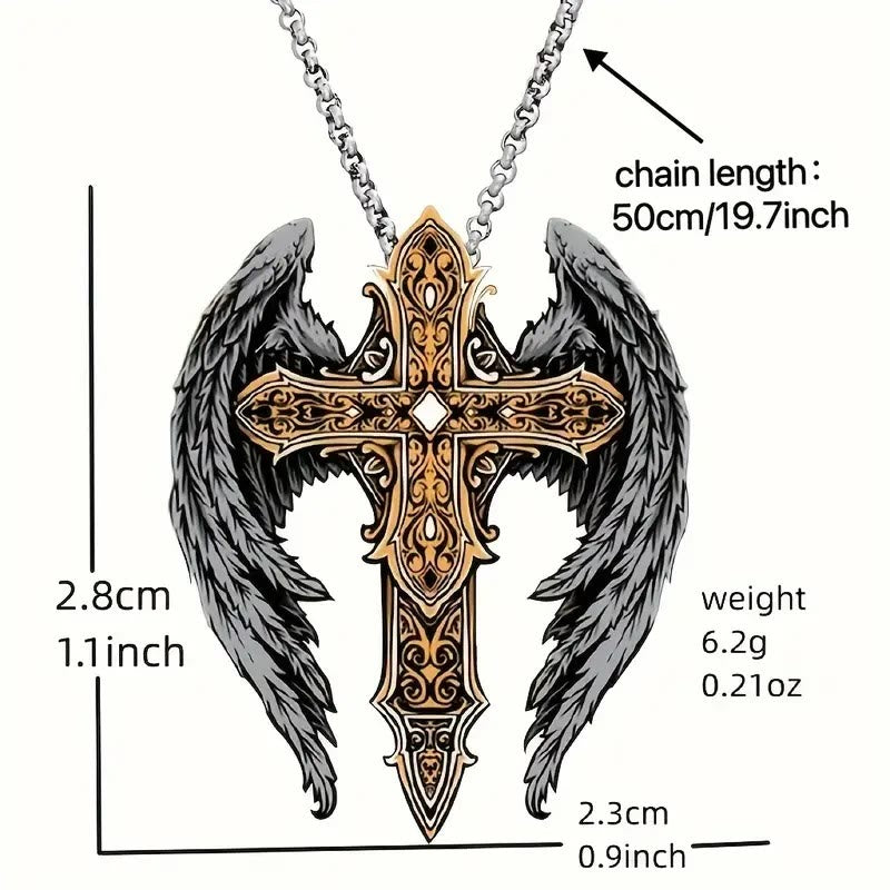 Heavy Style Protection Wings & Crafted Cross Alloy Necklace - image 3