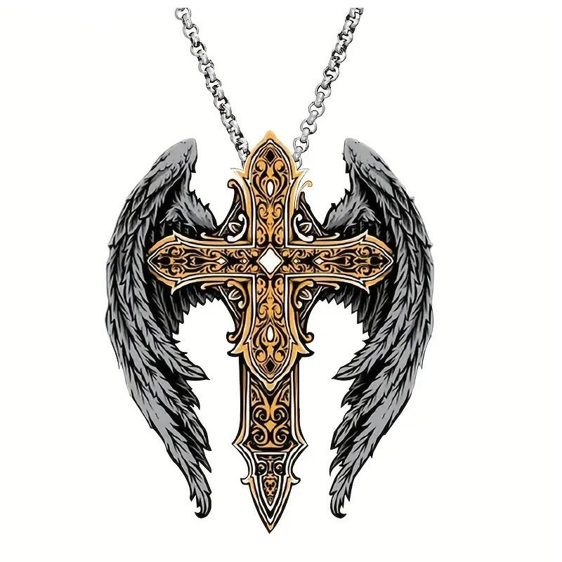 Heavy Style Protection Wings & Crafted Cross Alloy Necklace - Silver-gold - image 1