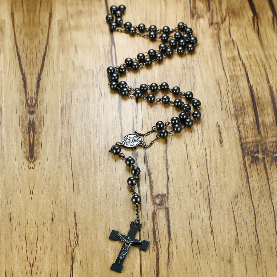 Our Lady of Grace & Crucifix of 8 mm Round Black Steel Ball Alloy Chain Rosary - image 2
