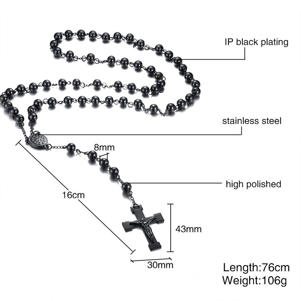 Our Lady of Grace & Crucifix of 8 mm Round Black Steel Ball Alloy Chain Rosary - image 5