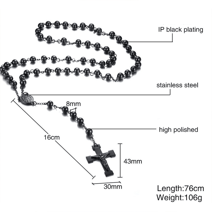 Our Lady of Grace & Crucifix of 8 mm Round Black Steel Ball Alloy Chain Rosary - image 5