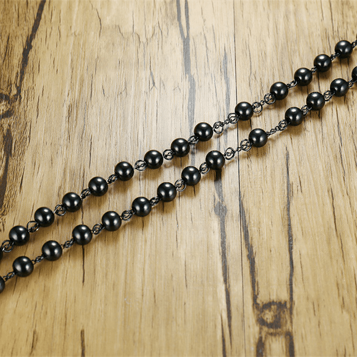 Our Lady of Grace & Crucifix of 8 mm Round Black Steel Ball Alloy Chain Rosary - image 3