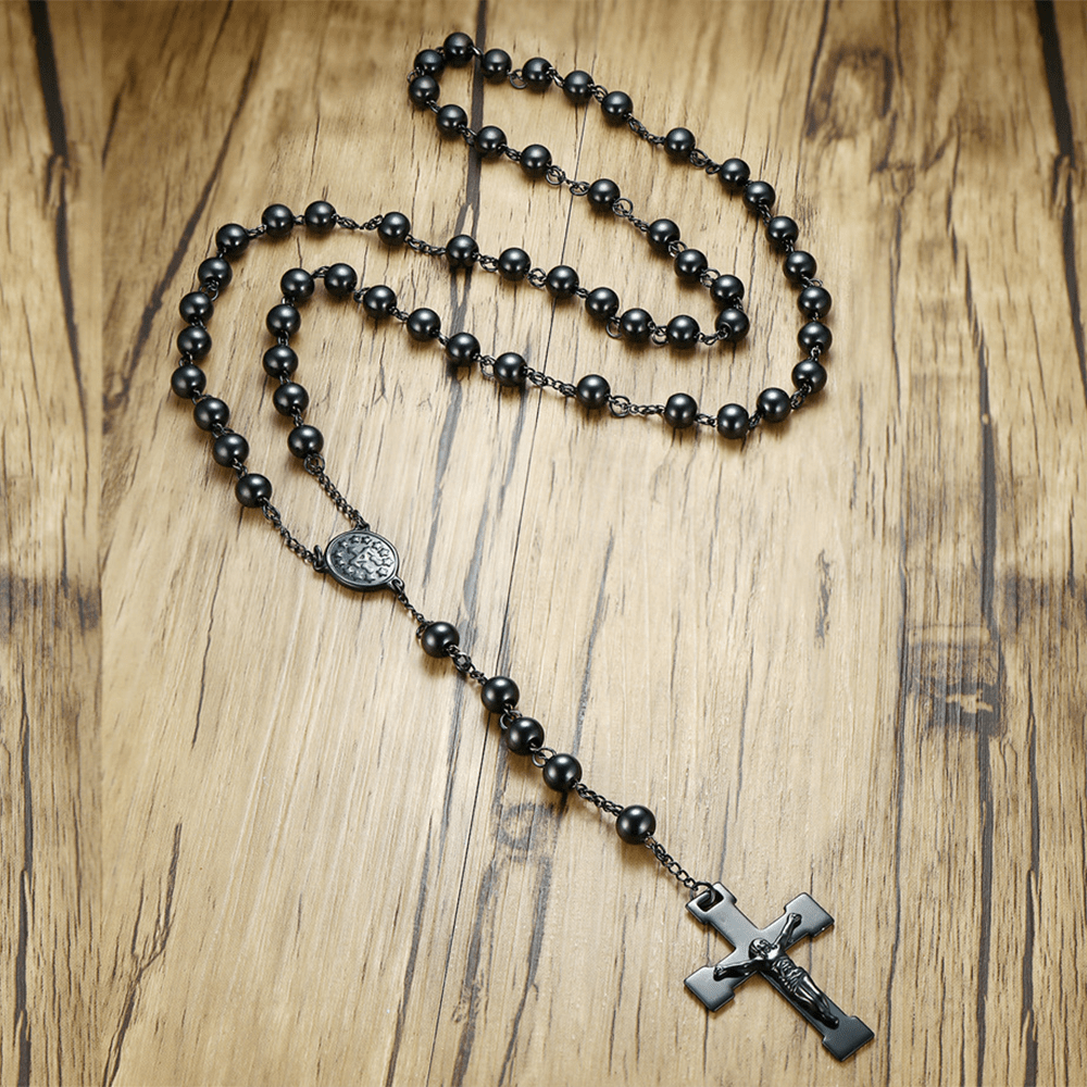Our Lady of Grace & Crucifix of 8 mm Round Black Steel Ball Alloy Chain Rosary - Black - image 1