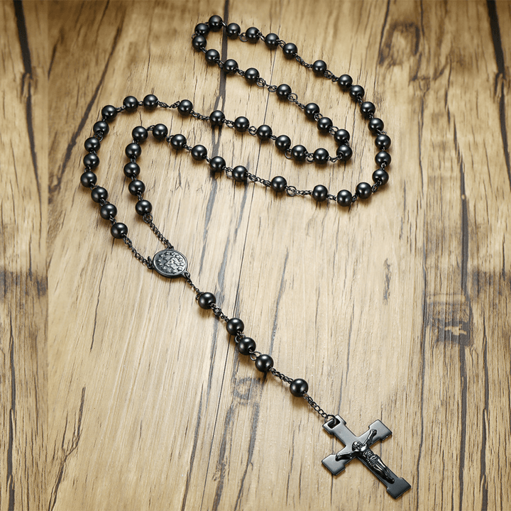 Our Lady of Grace & Crucifix of 8 mm Round Black Steel Ball Alloy Chain Rosary - Black - image 1