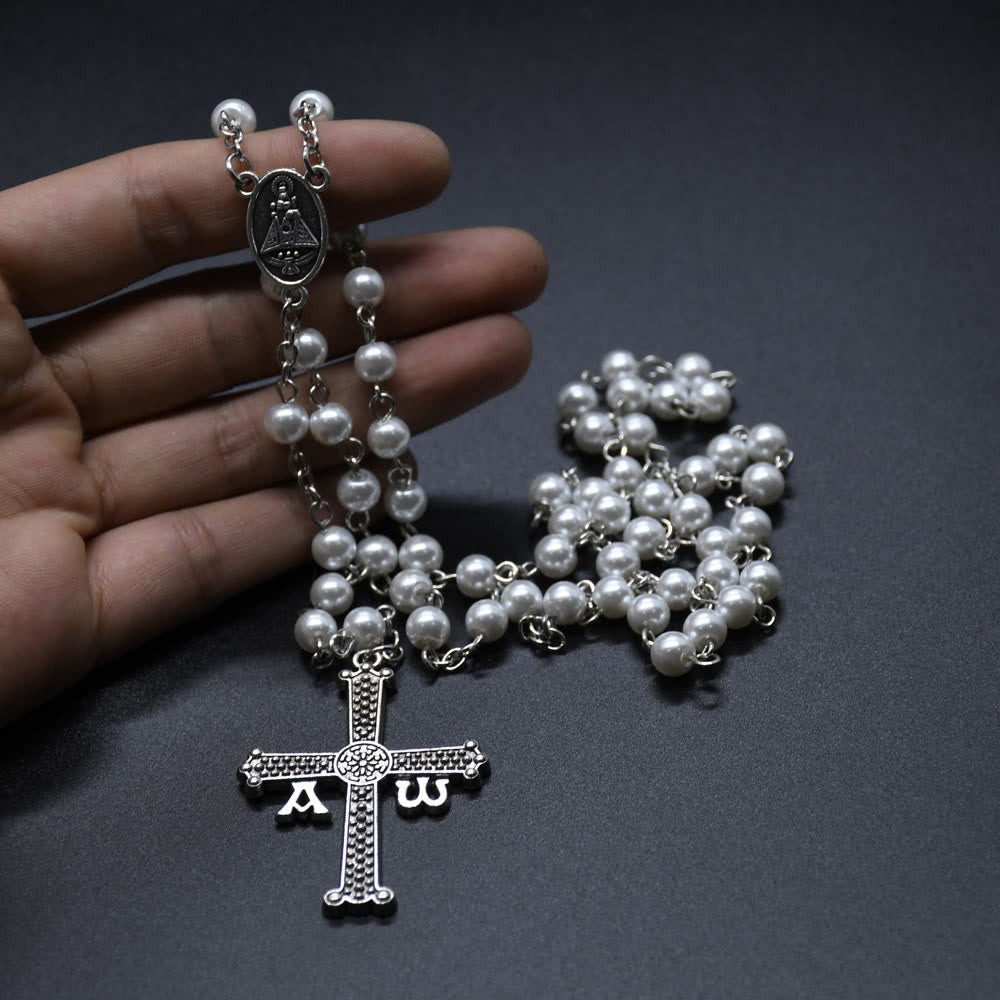 San Juan del Valle Medal & Cross of 6 mm Round White Glass Alloy Chain Rosary - image 4