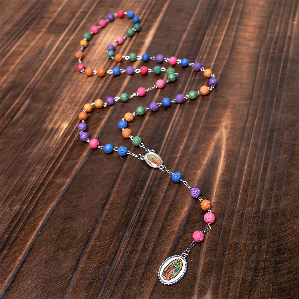 Our Lady of Guadalupe & Crucifix of 8 mm Rose Multicolor Resin Alloy Chain Rosary - image 4