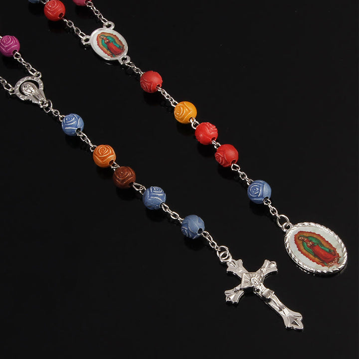 Our Lady of Guadalupe & Crucifix of 8 mm Rose Multicolor Resin Alloy Chain Rosary - image 6