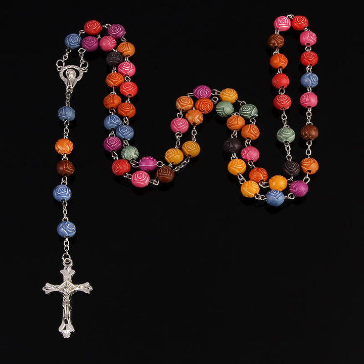 Our Lady of Guadalupe & Crucifix of 8 mm Rose Multicolor Resin Alloy Chain Rosary - image 10