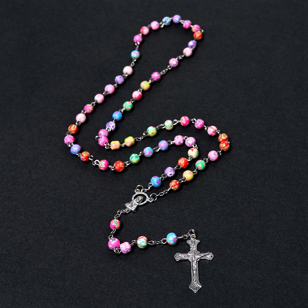 Our Lady of Guadalupe & Crucifix of 6 mm Round Multicolor Polymer Clay Alloy Chain Rosary - image 5