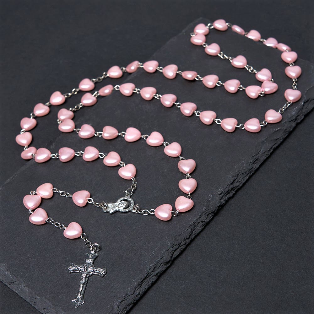 Christian Art Our Lady of Fátima & Crucifix of 10 mm Heart Pink Acrylic Alloy Chain Rosary - Pink - image 1