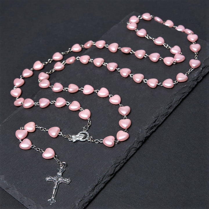 Christian Art Our Lady of Fátima & Crucifix of 10 mm Heart Pink Acrylic Alloy Chain Rosary - Pink - image 1
