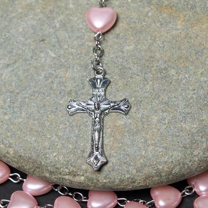 Christian Art Our Lady of Fátima & Crucifix of 10 mm Heart Pink Acrylic Alloy Chain Rosary - image 5