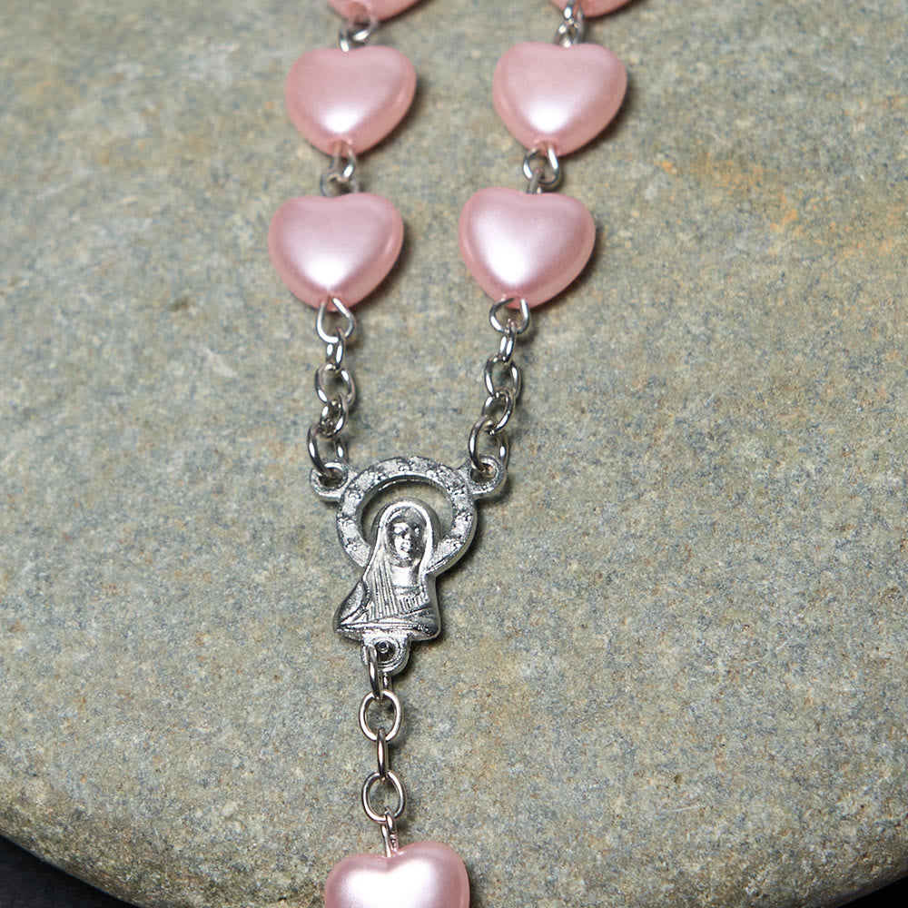 Christian Art Our Lady of Fátima & Crucifix of 10 mm Heart Pink Acrylic Alloy Chain Rosary - image 4
