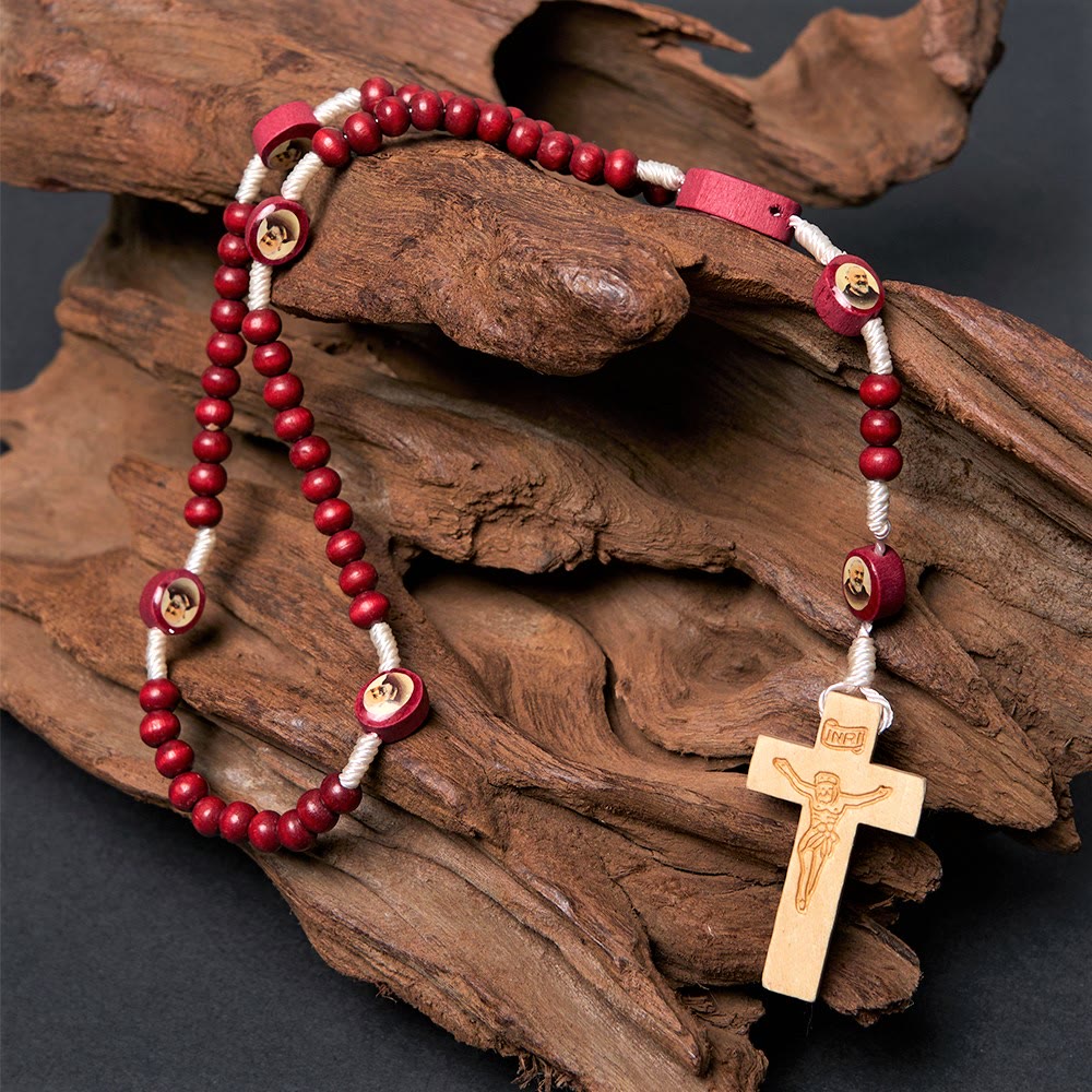 Wine Red Wooden Beads Cross Virgin Mary Hand Held Rosary - St. Pio - image 3
