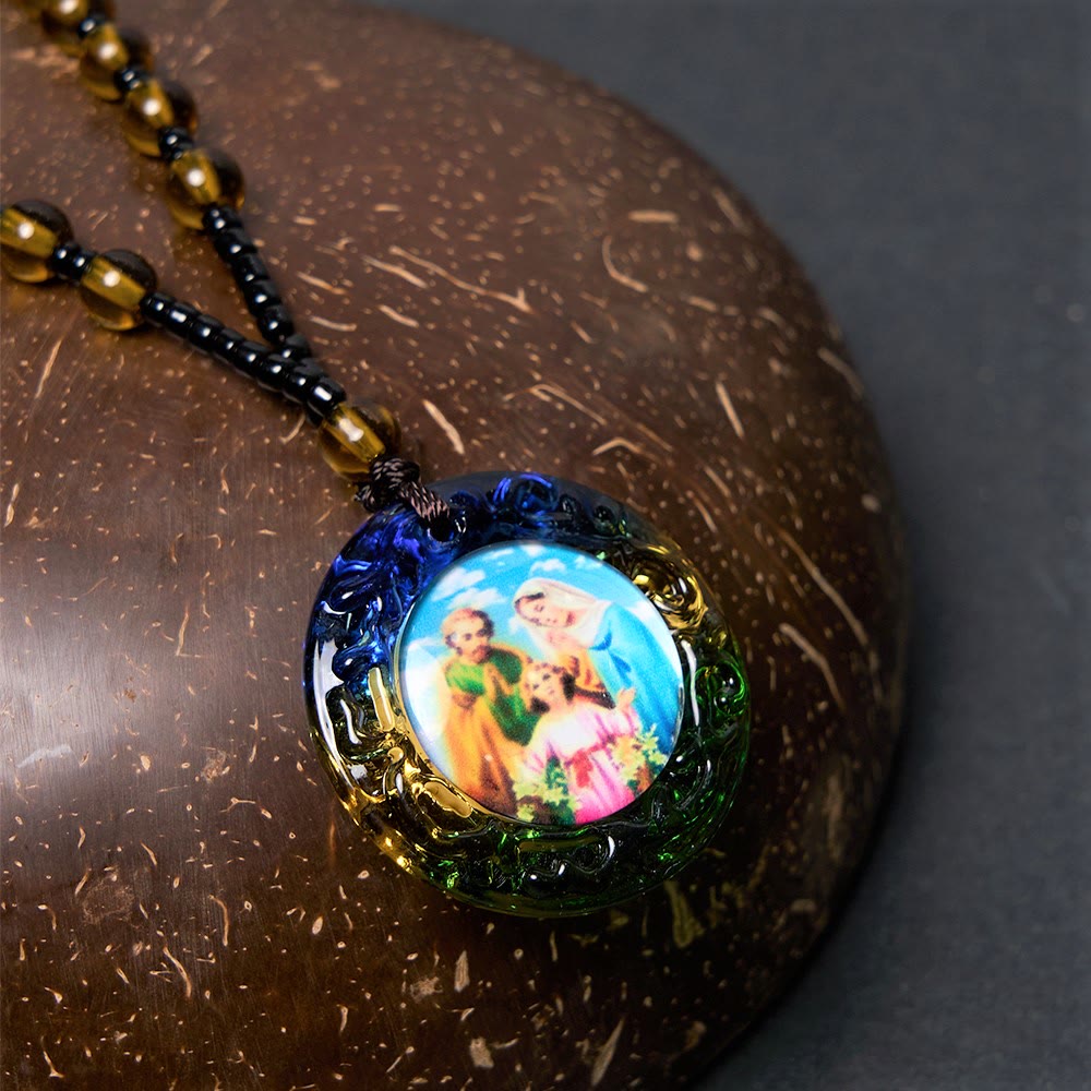 Christian Art the Holy Family Dark Brown Beads Necklace - image 5