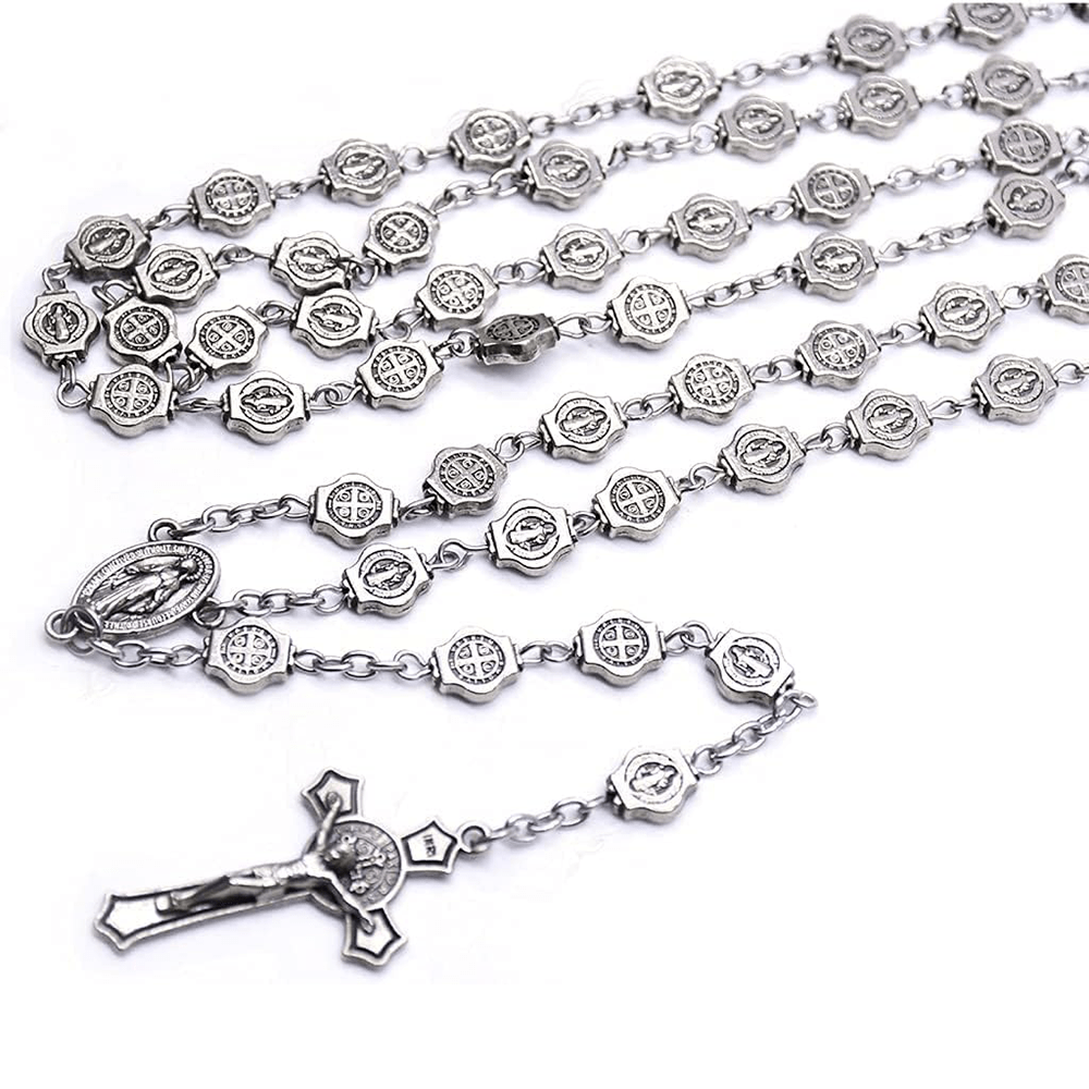 St. Benedict Medal & Crucifix of 8 mm Polyhedron Silver Metal Alloy Chain Rosary - image 3