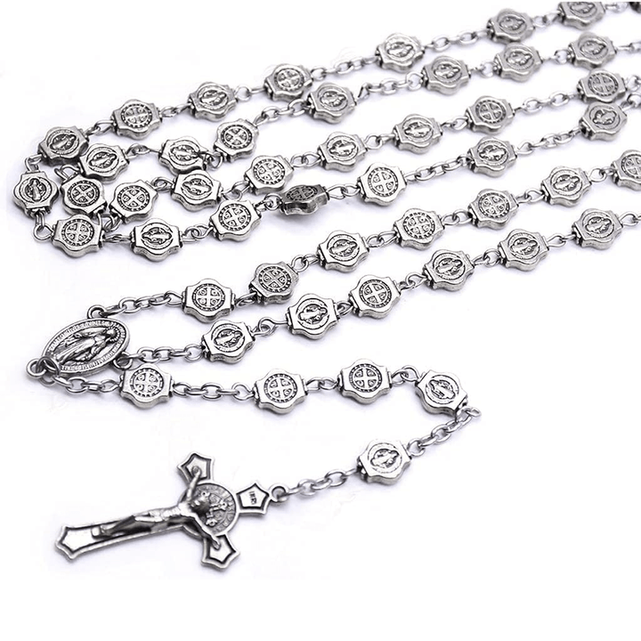 St. Benedict Medal & Crucifix of 8 mm Polyhedron Silver Metal Alloy Chain Rosary - image 3