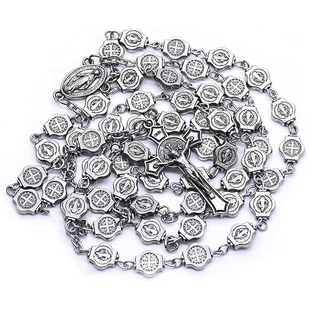 St. Benedict Medal & Crucifix of 8 mm Polyhedron Silver Metal Alloy Chain Rosary - image 5