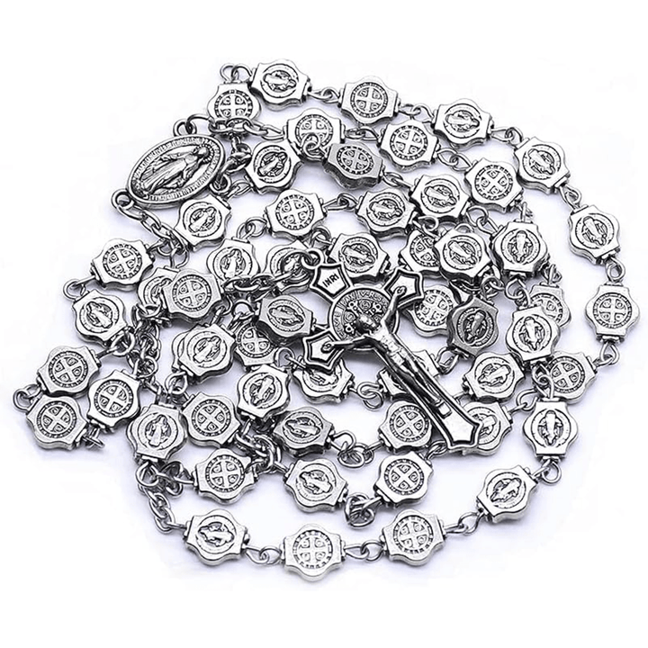 St. Benedict Medal & Crucifix of 8 mm Polyhedron Silver Metal Alloy Chain Rosary - image 5