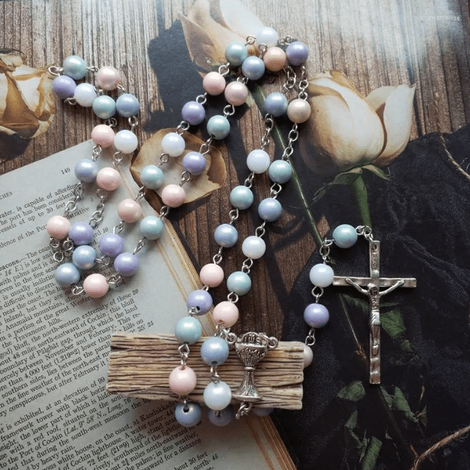 Holy Grail & Crucifix of 8 mm Round Multicolor Acrylic Alloy Chain Rosary - Multicolor - image 1