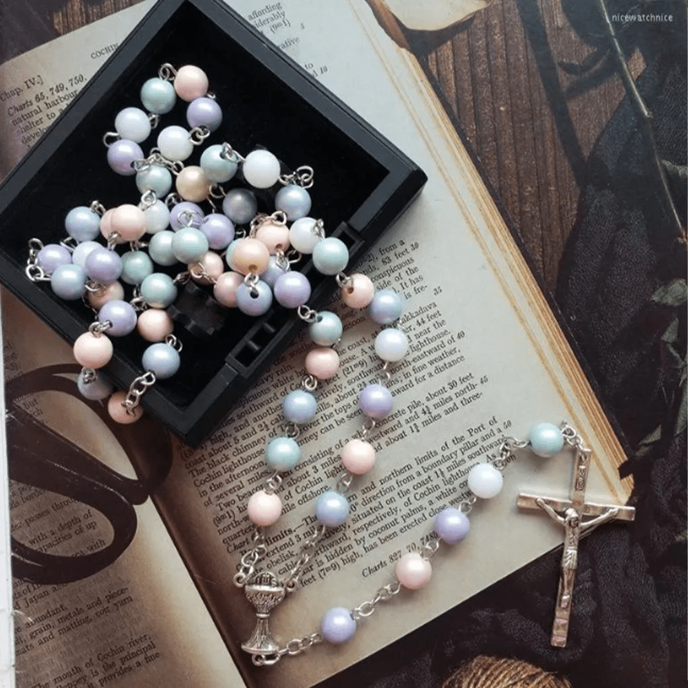 Holy Grail & Crucifix of 8 mm Round Multicolor Acrylic Alloy Chain Rosary - image 2