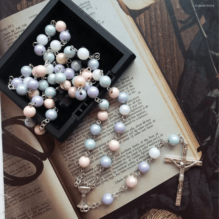 Holy Grail & Crucifix of 8 mm Round Multicolor Acrylic Alloy Chain Rosary - image 2