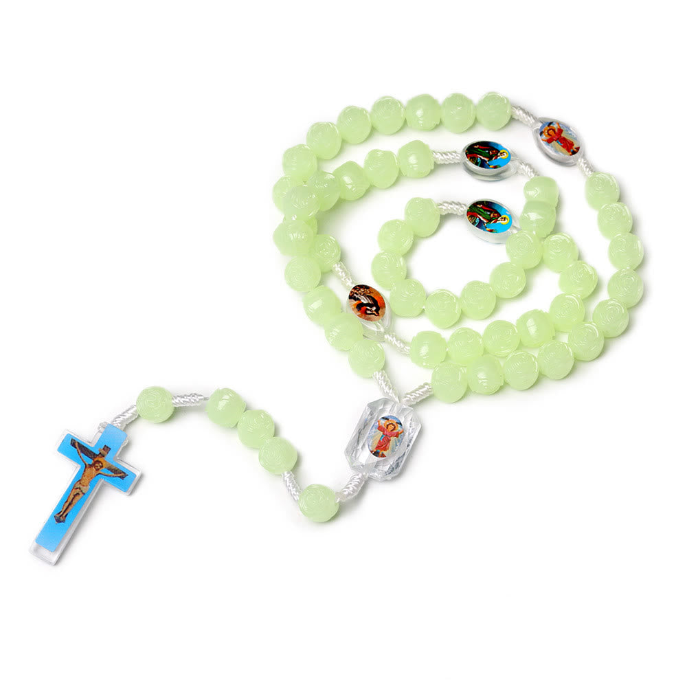 Crucifix of 10 mm Rose Luminous Green Resin Nylon Cord Rosary - image 2