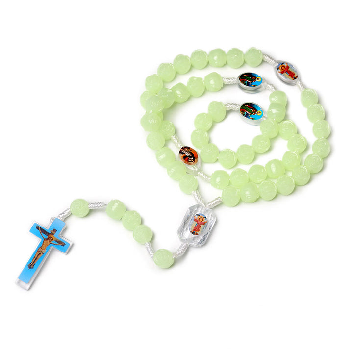 Crucifix of 10 mm Rose Luminous Green Resin Nylon Cord Rosary - image 2