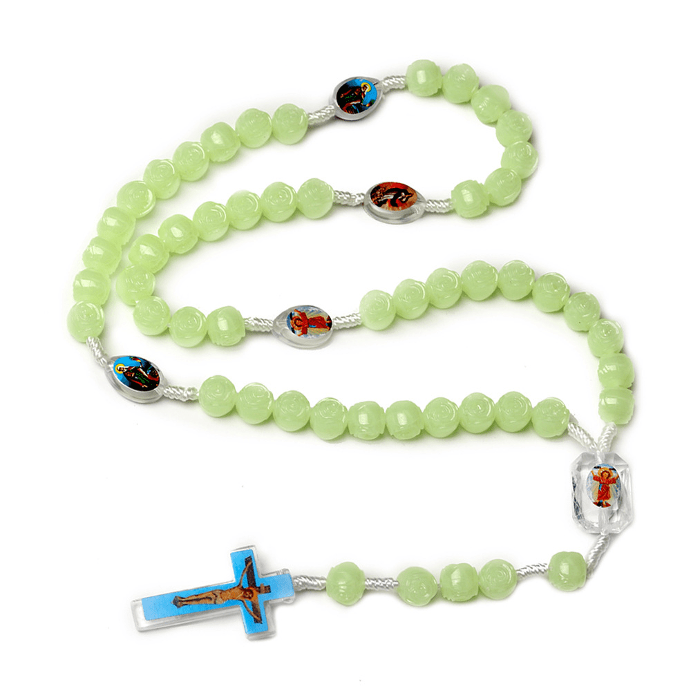 Crucifix of 10 mm Rose Luminous Green Resin Nylon Cord Rosary - image 3
