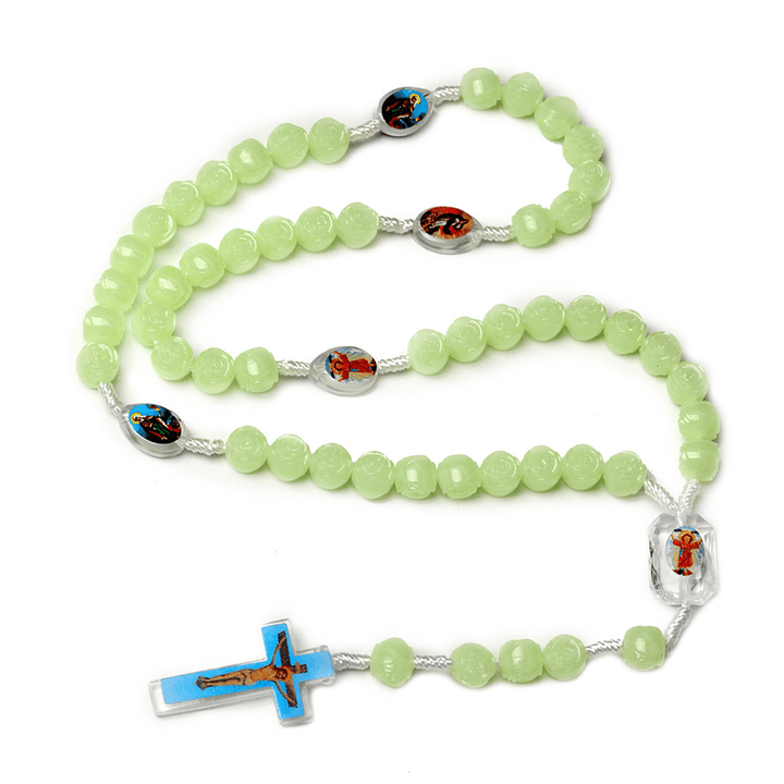 Crucifix of 10 mm Rose Luminous Green Resin Nylon Cord Rosary - image 3