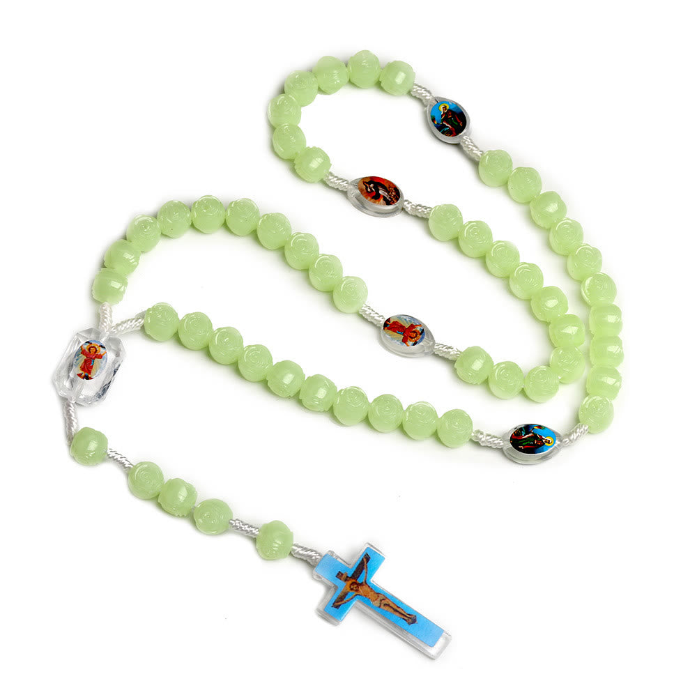 Crucifix of 10 mm Rose Luminous Green Resin Nylon Cord Rosary - image 5