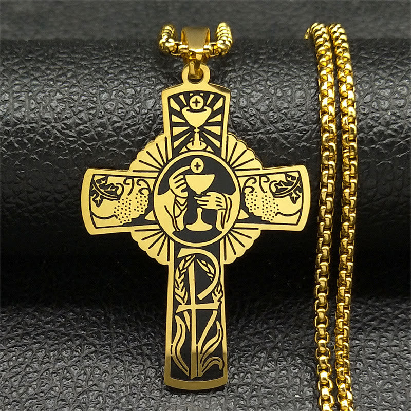 Multi-element Style Eucharist Halo Grapevine Cross Necklace - Golden - image 1