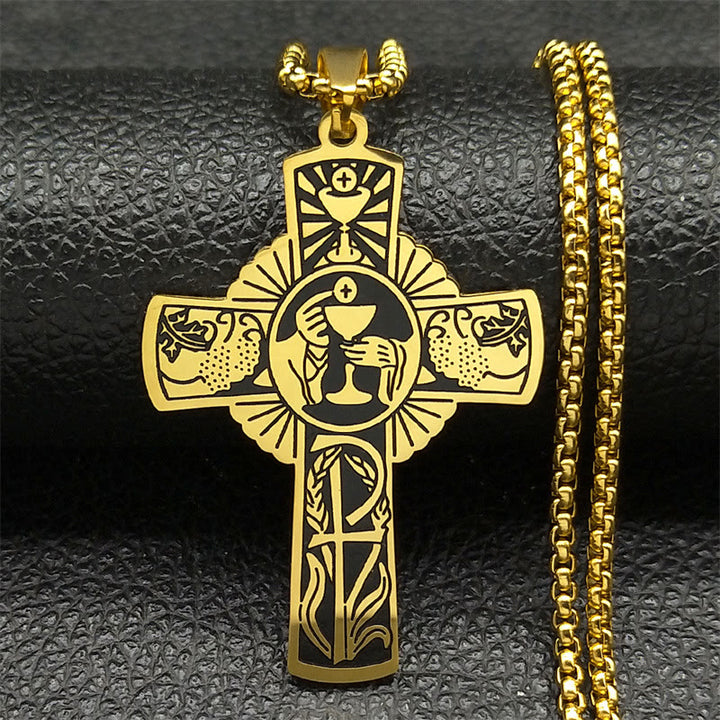 Multi-element Style Eucharist Halo Grapevine Cross Necklace - Golden - image 1