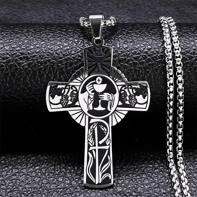 Multi-element Style Eucharist Halo Grapevine Cross Necklace - Silver - image 3