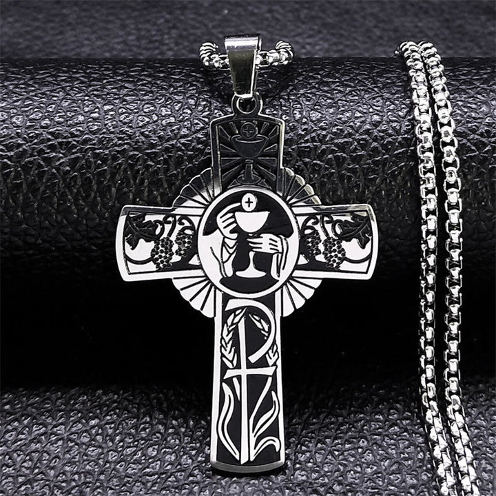 Multi-element Style Eucharist Halo Grapevine Cross Necklace - Silver - image 3