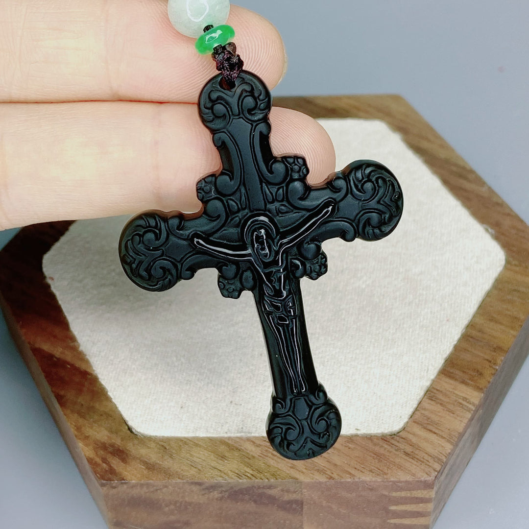 Christian Art Classic Style Crafted Obsidian Crucifix Pendant Necklace - image 4