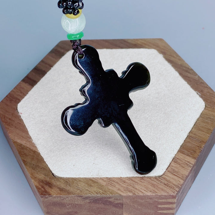 Christian Art Classic Style Crafted Obsidian Crucifix Pendant Necklace - image 5