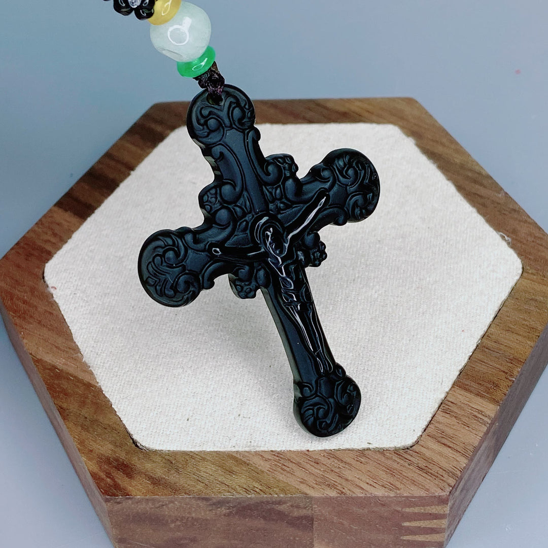 Christian Art Classic Style Crafted Obsidian Crucifix Pendant Necklace - image 2