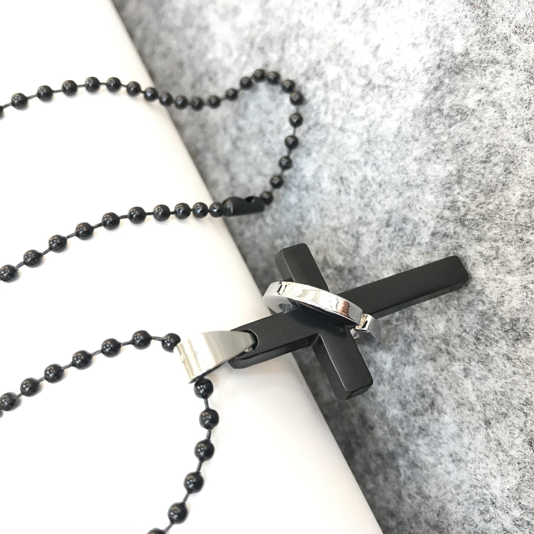 Christian Art Minimalist Style Cross Ring Black Pendant Alloy Necklace - image 3