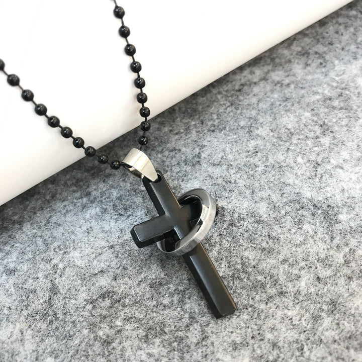 Christian Art Minimalist Style Cross Ring Black Pendant Alloy Necklace - Black - image 1